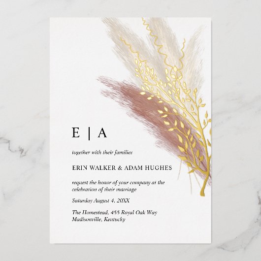 ミニマリストボホピンク金ゴールドパンパスグラス実在金ゴールド 箔招待状 (正面)