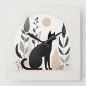 ミニマリストボホブラックキャットフォレスト子供部屋キッドルーム スクエア壁時計 (正面)