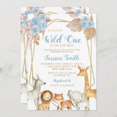 ミニマリストボホブルーフローラサファリボーイベビーシャワー 招待状 (正面/裏面)