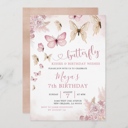 ミニマリストボホベージュアンドバタフライ誕生日 招待状 (正面/裏面)