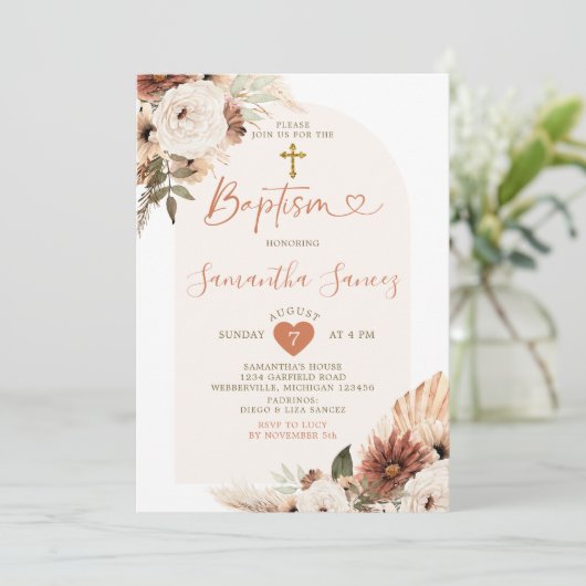 ミニマリストボホホワイトフローラ《キリスト教》洗礼式や命名式バプテスマ 招待状 (スタンド正面)