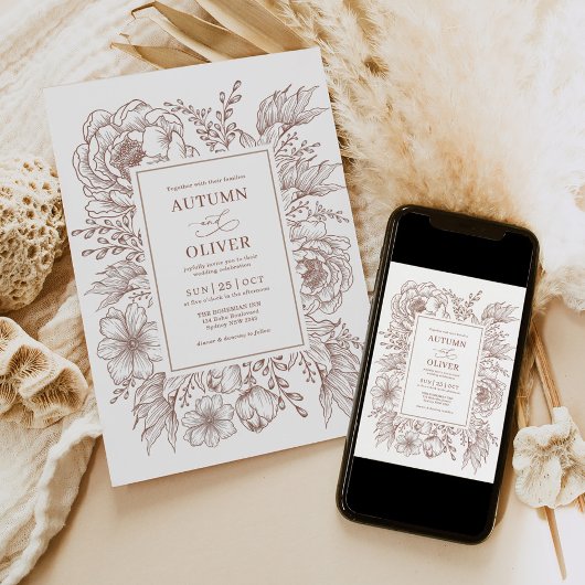 ミニマリストボホボタニカルテラコッタホワイト結婚ズ 招待状