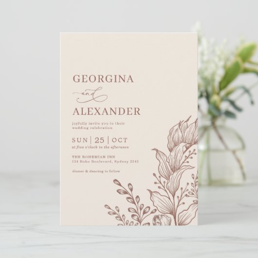 ミニマリストボホボタニカルテラコッタ結婚の招待 招待状 (スタンド正面)