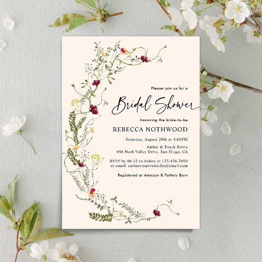ミニマリストボホリースワイルドフラワーブライダルシャワー 招待状