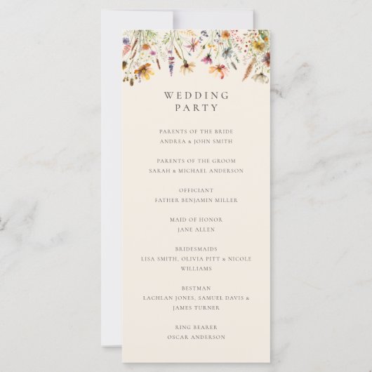 ミニマリストボホワイルドフラワーフローラ結婚式 プログラム (裏面)