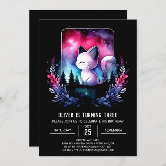 ミニマリストボホーキャット誕生日 招待状 (正面/裏面)