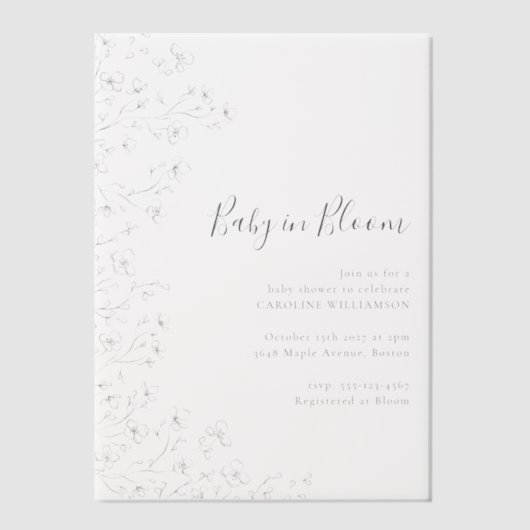 ミニマリストボホ白黒フローラアートベビーシャワー ベラム紙招待状 (正面)