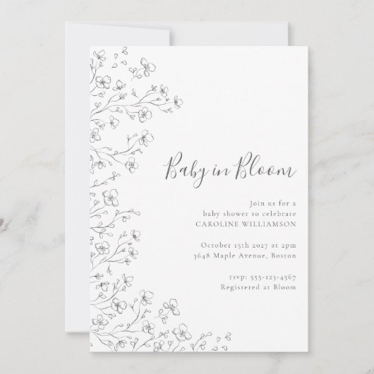 ミニマリストボホ白黒フローラアートベビーシャワー 招待状 (正面)