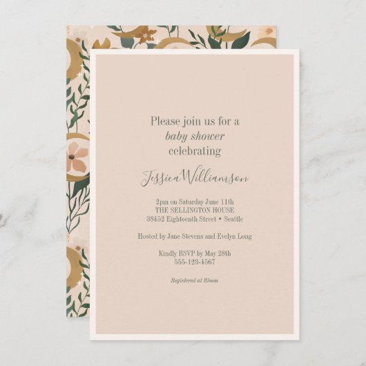 ミニマリストボホ赤面フローラムーンベビーシャワー 招待状 (正面/裏面)