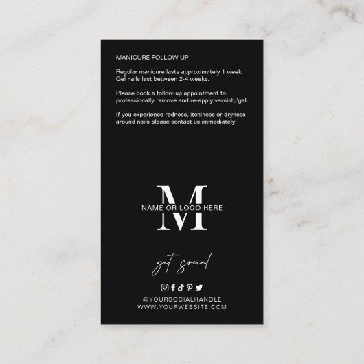 ミニマリストマニキュア爪、 ネイルアフターケアの手順 名刺 (裏面)