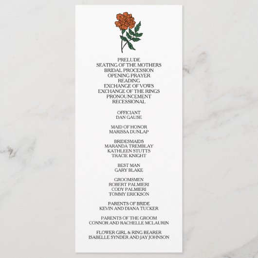 ミニマリストマリゴールド結婚式 プログラム (正面)