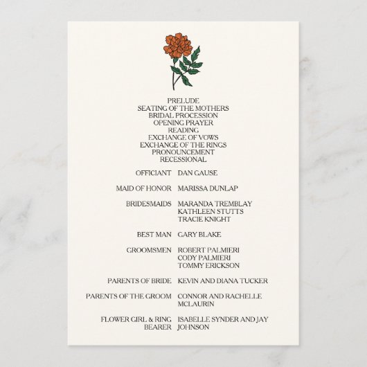 ミニマリストマリゴールド結婚式 プログラム (正面)