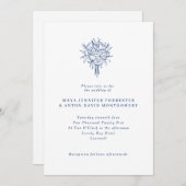 ミニマリストマルセイユブルーラインアート結婚フローラ 招待状 (正面/裏面)