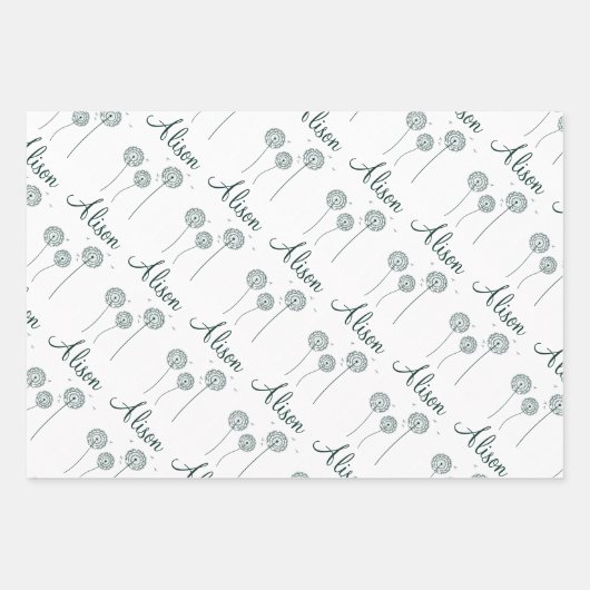 ミニマリストミントグレーホワイトダンデオンネームフローラ ラッピングペーパーシート (正面2)
