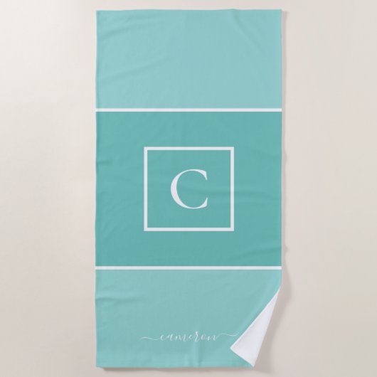 ミニマリストミントブルーモノグラムパーソナライズされた ビーチタオル (正面)