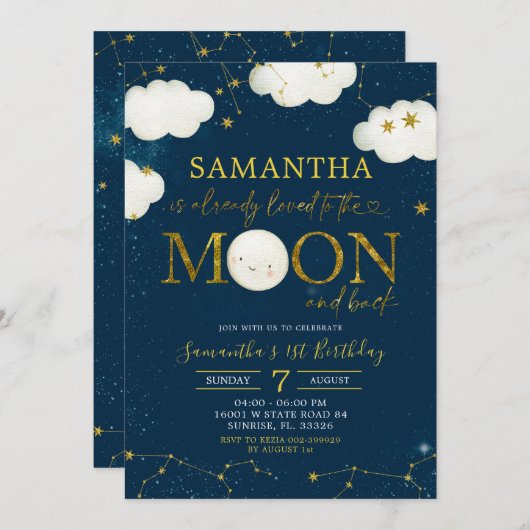 ミニマリストムーンアンドスターズナイト誕生日テーマ 招待状 (正面/裏面)