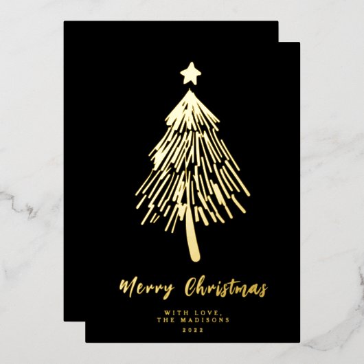 ミニマリストメリークリスマスツリーフォイルホリデーカード 箔シーズンカード (正面/裏面)