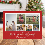 ミニマリストメリークリスマスフォトコラージュ シーズンカード<br><div class="desc">メリークリスマス!カスタマイズ可能な写真コラージュのクリスマスカードを使用して、このホリデーシーズンの友人や家族にあなたの暖かい願いを送信する。背景が赤のミニマルなスクリプトタイポグラフィを搭載。写真、名前、年カスタムなどの詳細を追加してパーソナライズ。このミニマルクリスマスカードは他の色やカードストックで入手できる。</div>