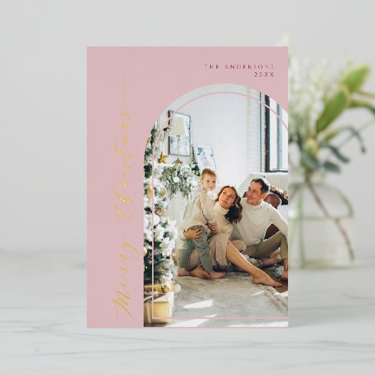 ミニマリストメリークリスマスフォトダスティピンク 箔シーズンカード (立ち正面)