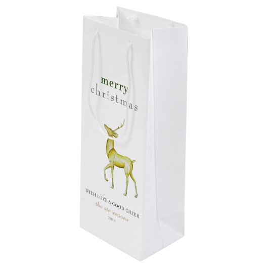ミニマリストメリークリスマス金ゴールドトナカイ ワインギフトバッグ (正面アングル)