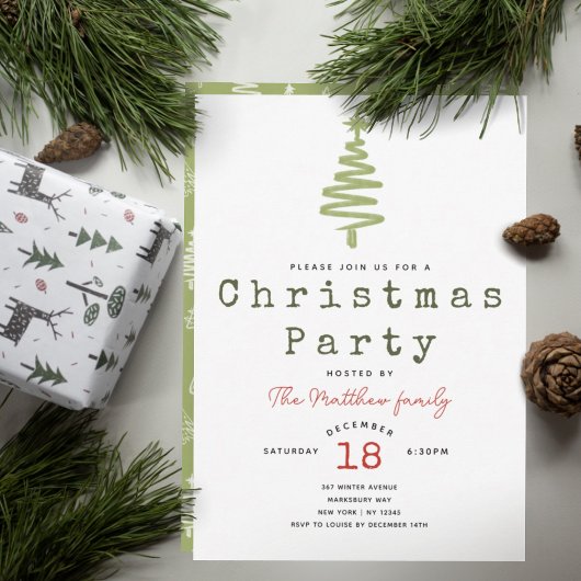 ミニマリストモダングリーンタイプライターのクリスマスツリー 招待状