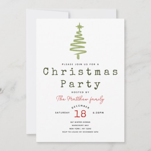 ミニマリストモダングリーンタイプライターのクリスマスツリー 招待状 (正面)