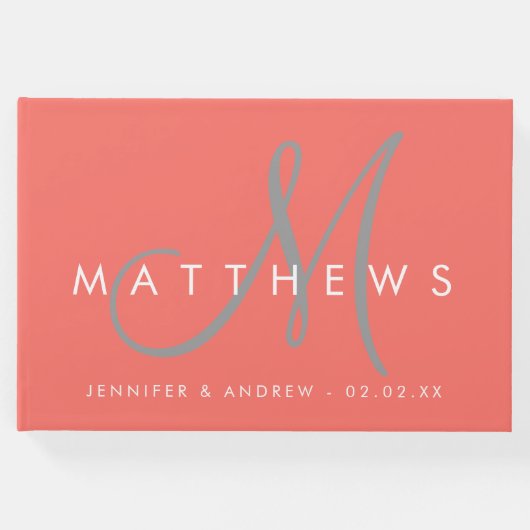 ミニマリストモダンコーラルグレイ結婚モノグラム ゲストブック (正面)