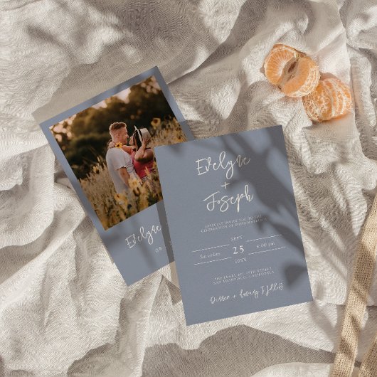 ミニマリストモダンダスティブルー結婚フォトボホ 招待状