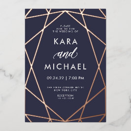 ミニマリストモダンバラ金ゴールドオンダークブルー |結婚 箔招待状