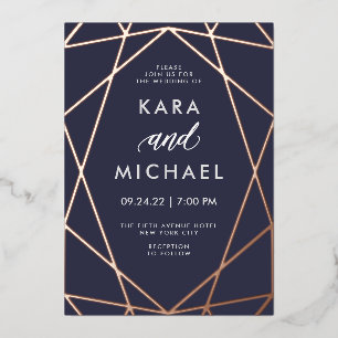 ミニマリストモダンバラ金ゴールドオンダークブルー  結婚 箔招待状