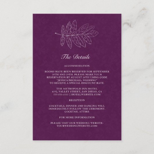 ミニマリストモダンパープル結婚ボタニカル詳細 エンクロージャーカード (正面)