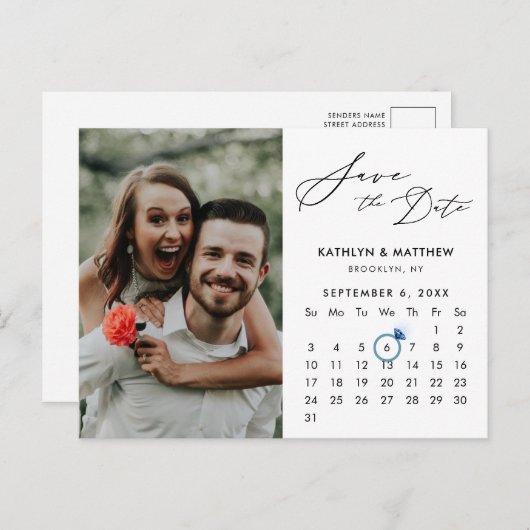 ミニマリストモダンブラックスクリプト写真の日付を保存 案内ポストカード (正面/裏面)