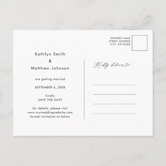 ミニマリストモダンブラックスクリプト写真の日付を保存 案内ポストカード (裏面)