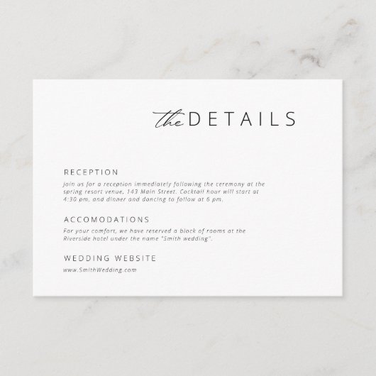 ミニマリストモダンブラック | ホワイト結婚詳細 エンクロージャーカード (正面)