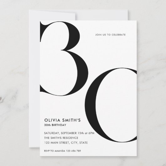 ミニマリストモダンホワイトシック30th誕生日 招待状 (正面)