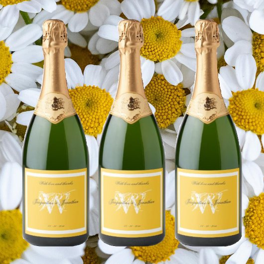 ミニマリストモノグラムシックエレガントスクリプトイエロー スパークリングワインラベル