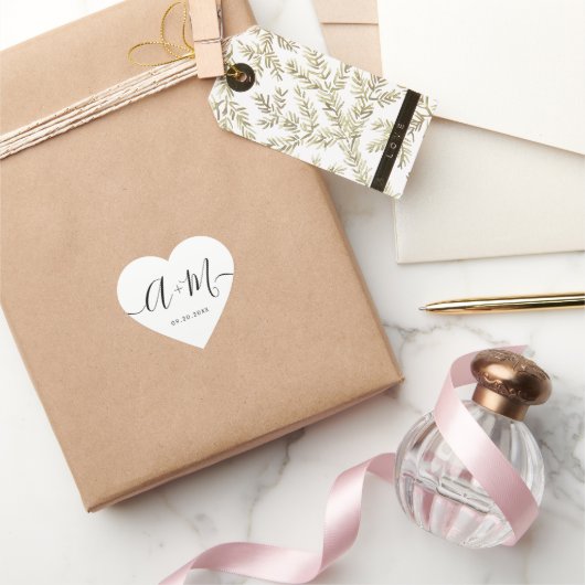 ミニマリストモノグラムスクリプトカスタムウェディング日 ハートシール (ギフト)