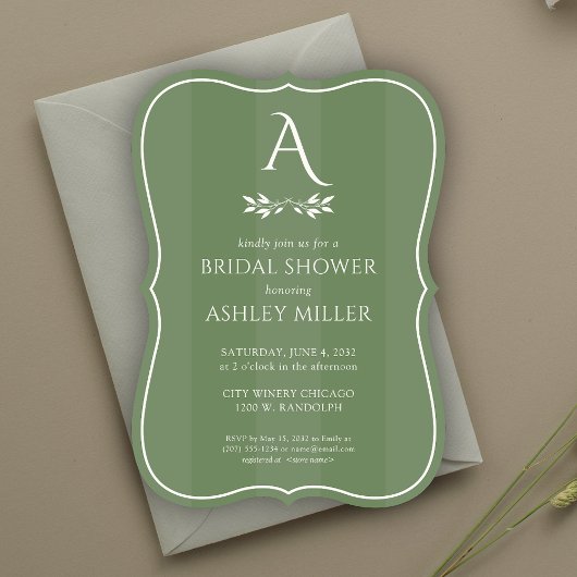 ミニマリストモノグラムストライプのグリーンブライダルシャワー 招待状