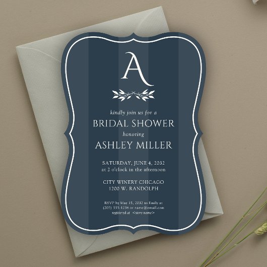 ミニマリストモノグラムストライプのブルーブライダルシャワー 招待状