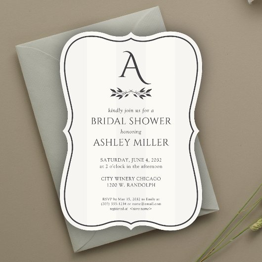 ミニマリストモノグラムストライプのホワイトブライダルシャワー 招待状