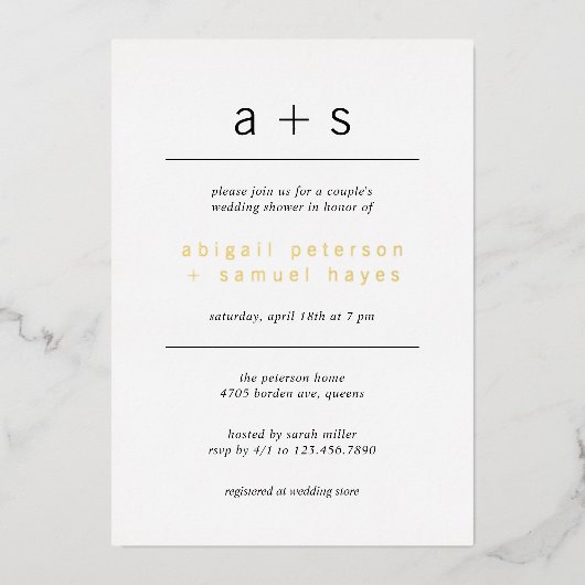 ミニマリストモノグラムフォトウェディングシャワー金ゴールド 箔招待状 (正面)