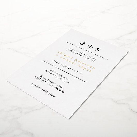 ミニマリストモノグラムフォトウェディングシャワー金ゴールド 箔招待状 (回転した状態)