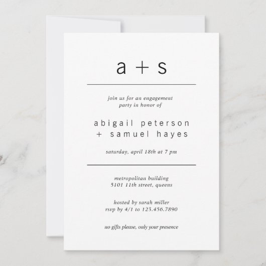 ミニマリストモノグラムフォト婚約パーティ 招待状 (正面)