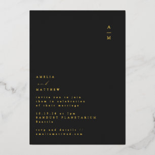 ミニマリストモノグラムブラック金ゴールド結婚タイポグラフィ 箔招待状