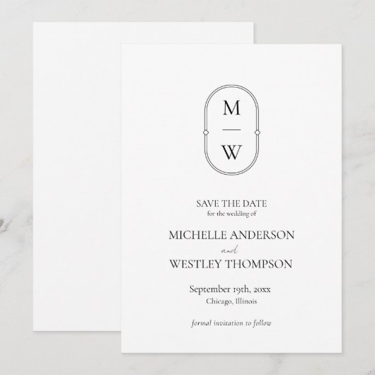 ミニマリストモノグラムブラック&ホワイト結婚ズ セーブザデート (正面/裏面)