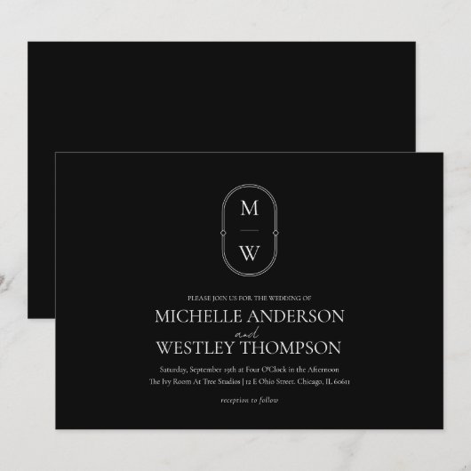 ミニマリストモノグラムブラック&ホワイト結婚ズ 招待状 (正面/裏面)