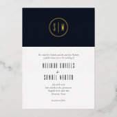 ミニマリストモノグラムブルー結婚ホワイト金ゴールド 箔招待状 (正面)