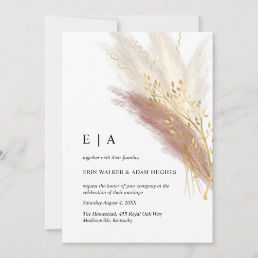 ミニマリストモノグラムボホピンク金ゴールドパンパスグラス 招待状 (正面)