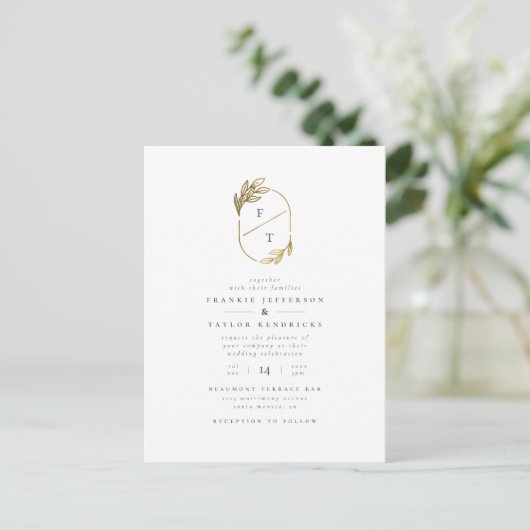 ミニマリストモノグラム|金ゴールドリース結婚の写真 インビテーションポストカード (スタンド正面)