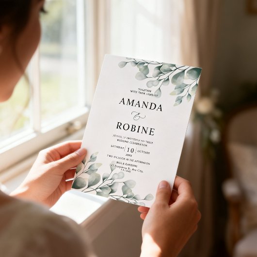 ミニマリストユーカリの植物の結婚式の招待状 招待状